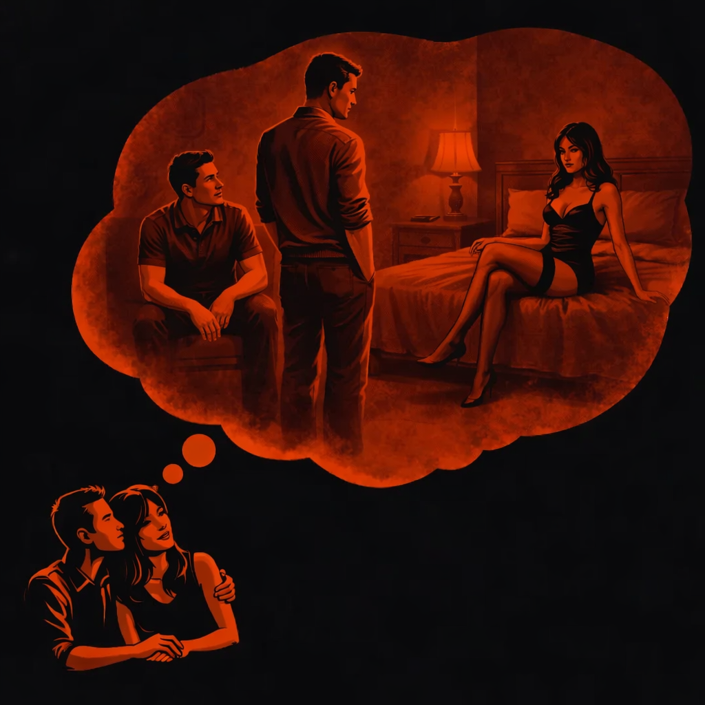 Mąż, kolega i żona w rajstopach